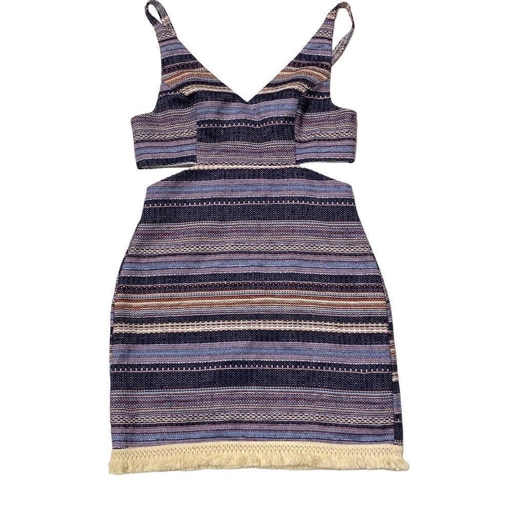 Womens VENUS Dress Size 10 side cutout Jacquard mini dress Striped Woven Twill B